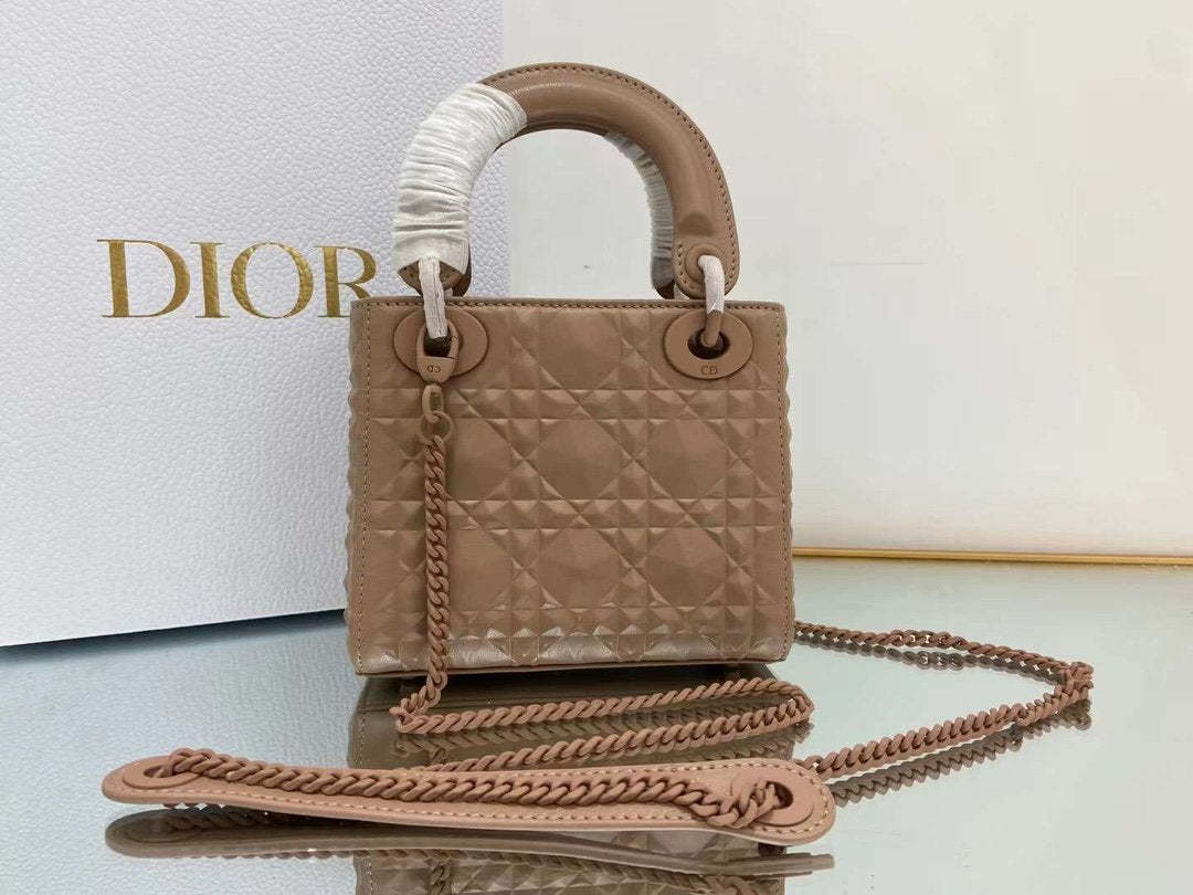 DI Mini Lady Bag Cannage with Beaded Motif, Brown, For Women Women’s Handbags, Crossbody Bags, 18cm CD