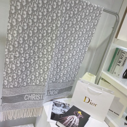 DOR OBLIQUE SCARF ECRU AND GRAY CASHMERE 25CDO309I093 C810