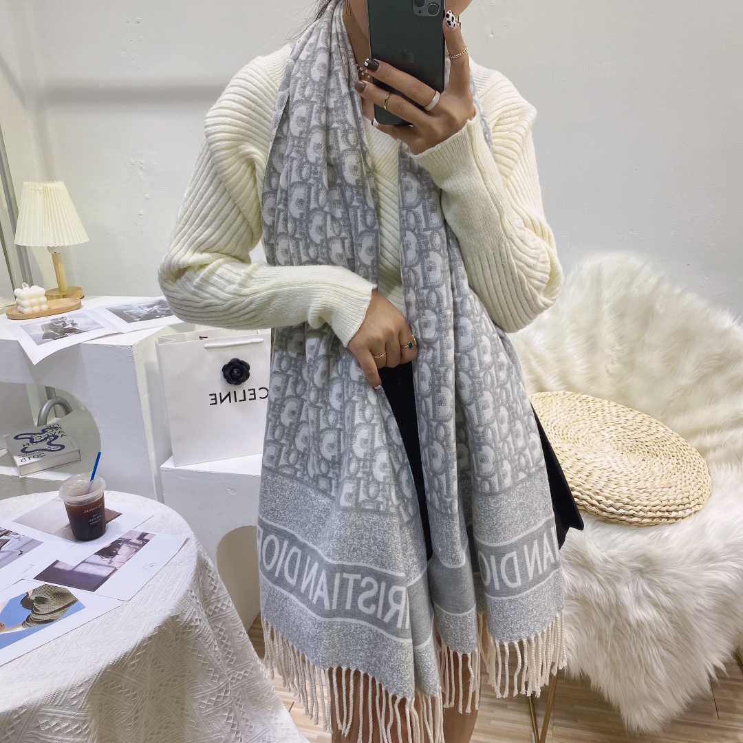 DOR OBLIQUE SCARF ECRU AND GRAY CASHMERE 25CDO309I093 C810