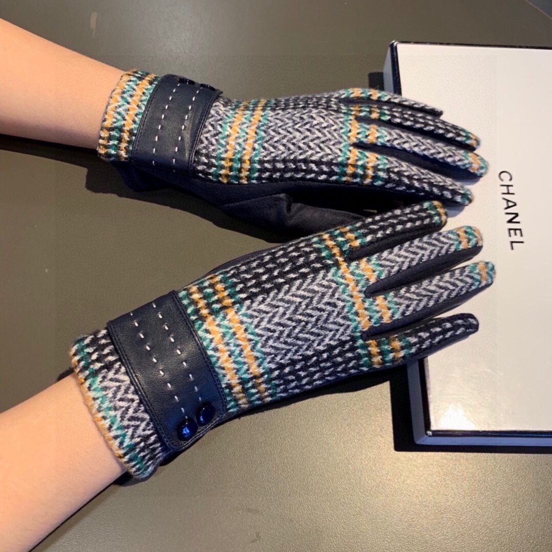 CC LEATHER STRIPED WOOL GLOVES IN BLUE
