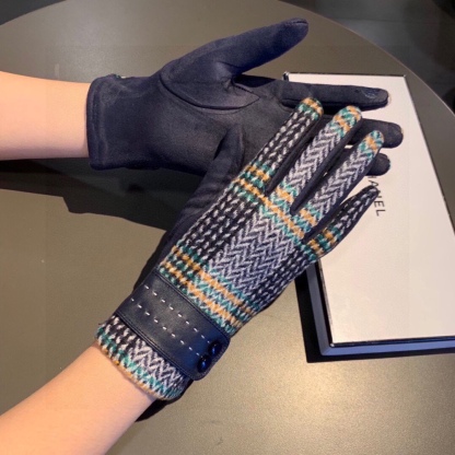 CC LEATHER STRIPED WOOL GLOVES IN BLUE