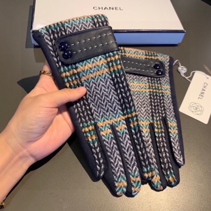 CC LEATHER STRIPED WOOL GLOVES IN BLUE