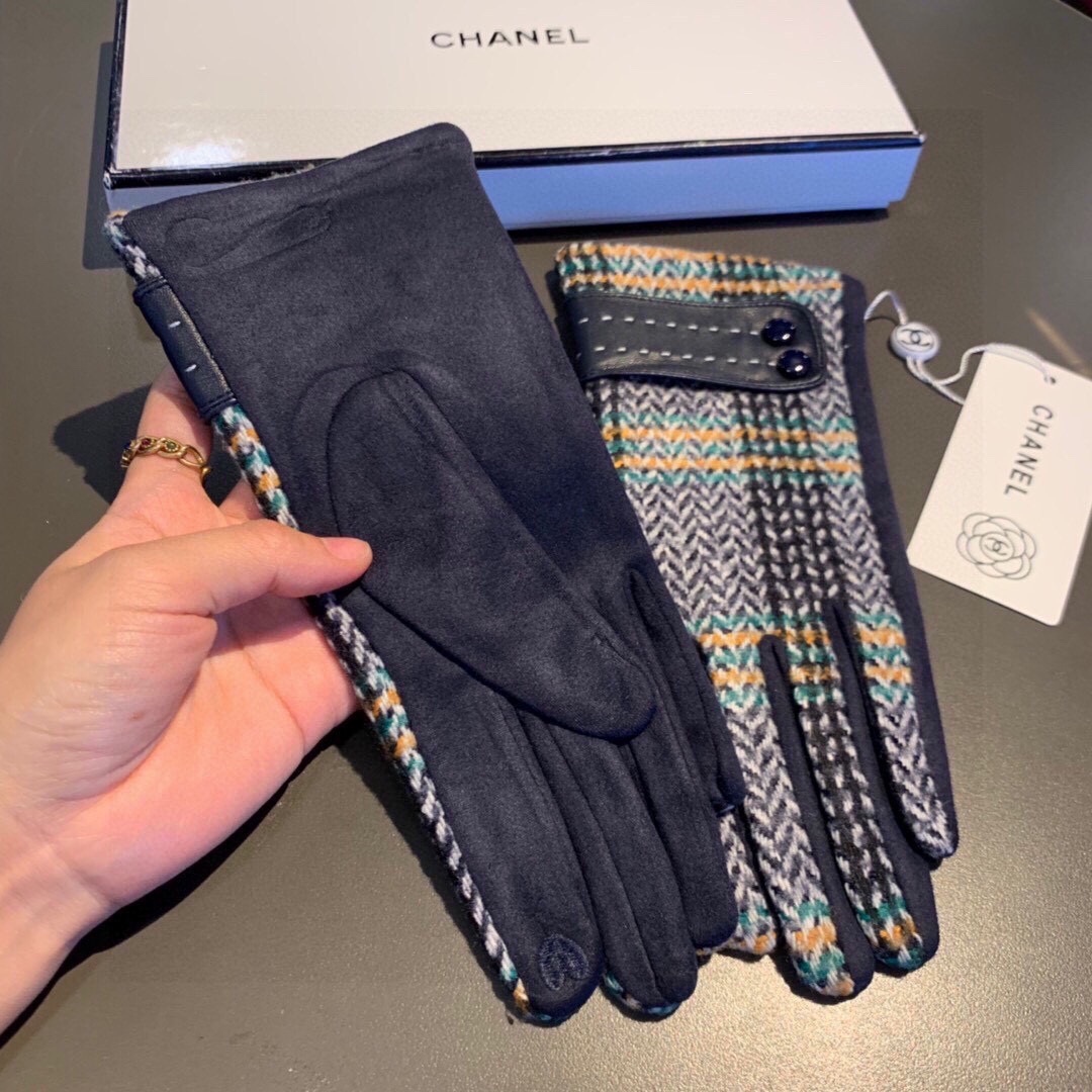 CC LEATHER STRIPED WOOL GLOVES IN BLUE