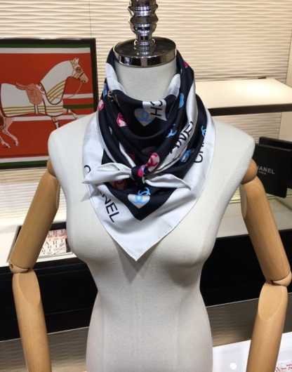 CC CC HEARTS LETTER MONOGRAM LOGO BOW PRINT SCARF BLACK