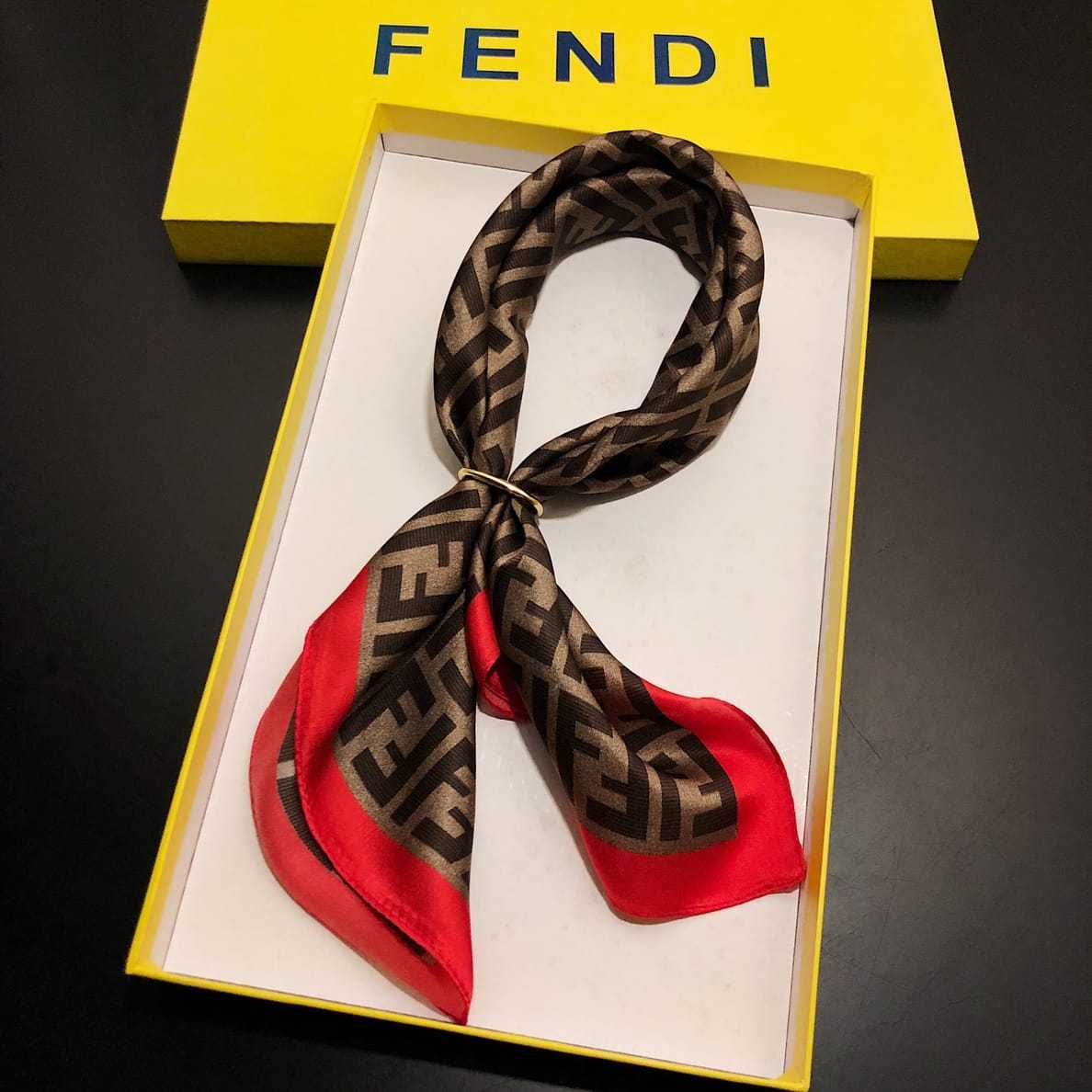FD FF MOTIF SILK SQUARE SCARF BROWN RED