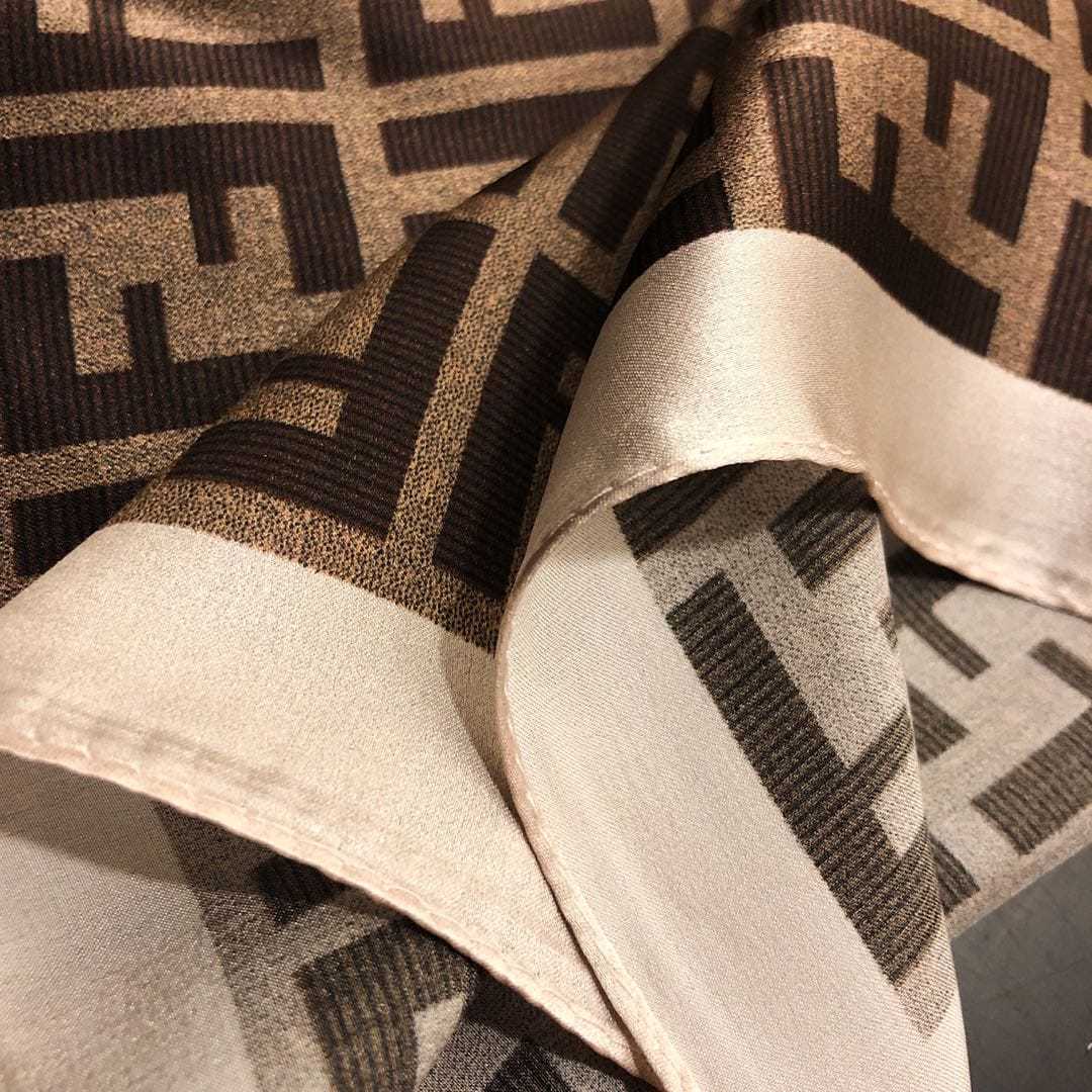 FD FF MOTIF SILK SQUARE SCARF BROWN BEIGE