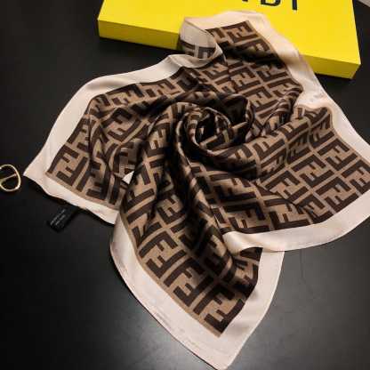 FD FF MOTIF SILK SQUARE SCARF BROWN BEIGE