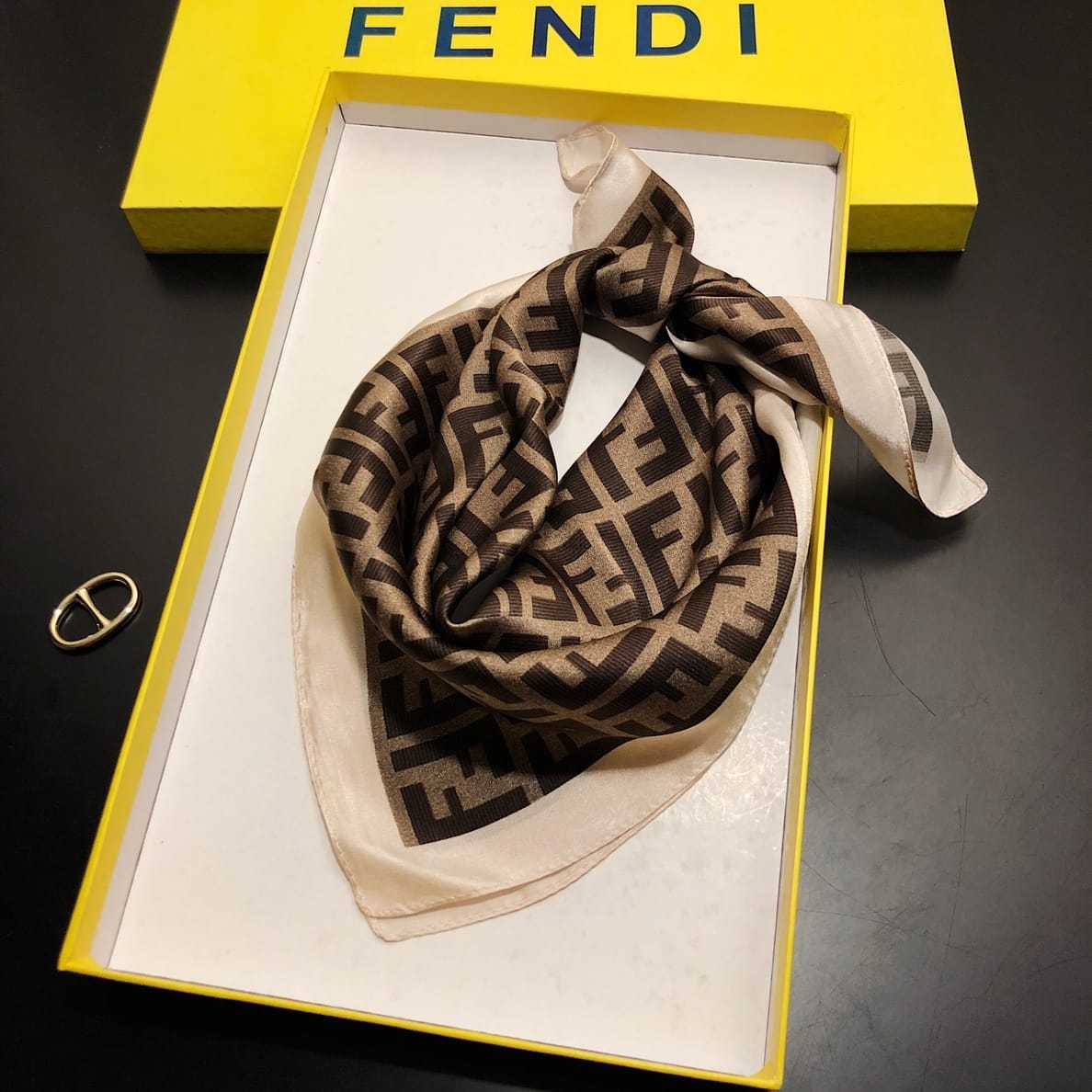 FD FF MOTIF SILK SQUARE SCARF BROWN BEIGE