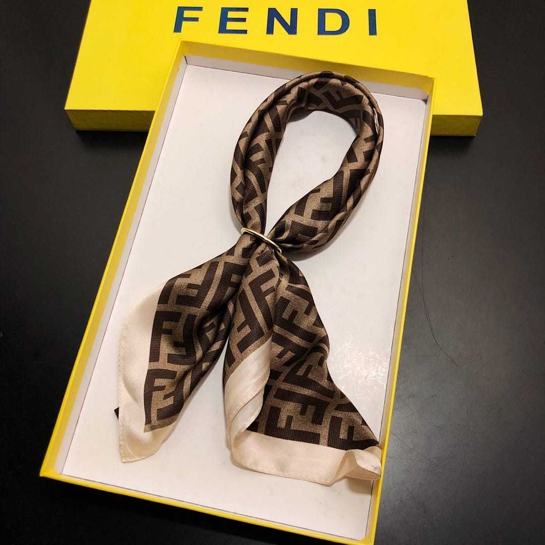 FD FF MOTIF SILK SQUARE SCARF BROWN BEIGE