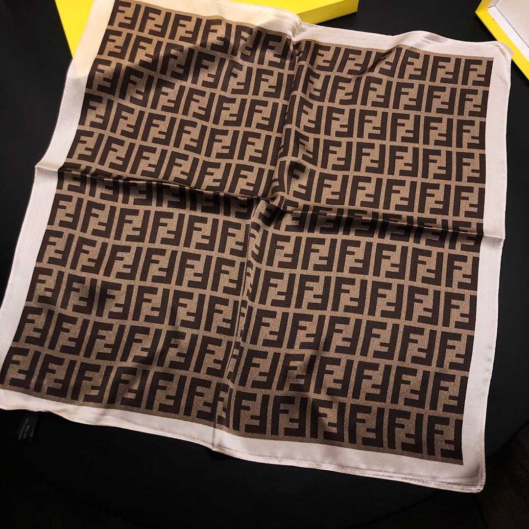FD FF MOTIF SILK SQUARE SCARF BROWN BEIGE