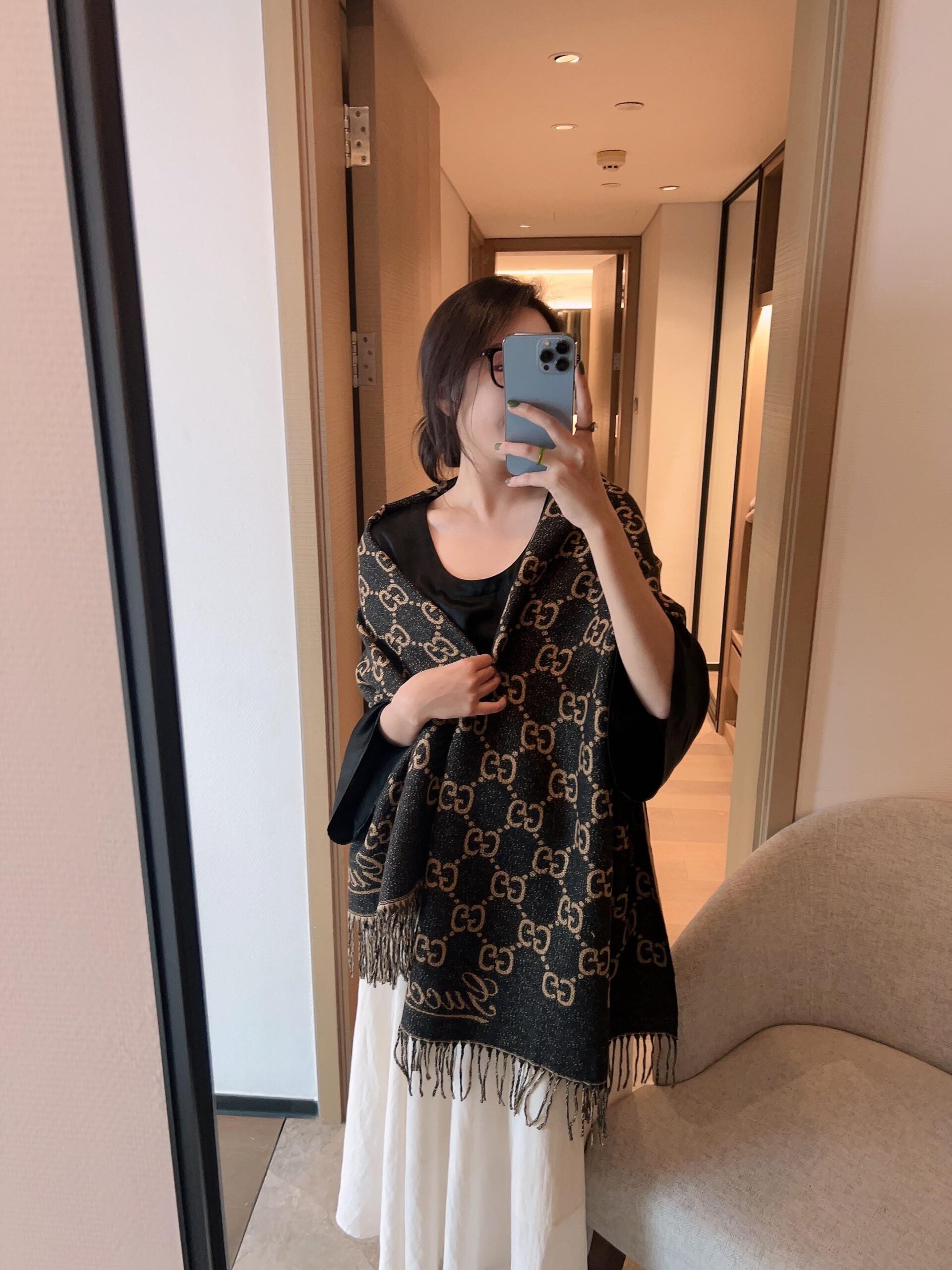 GG GG JACQUARD WOOL SCARF BLACK AND BEIGE