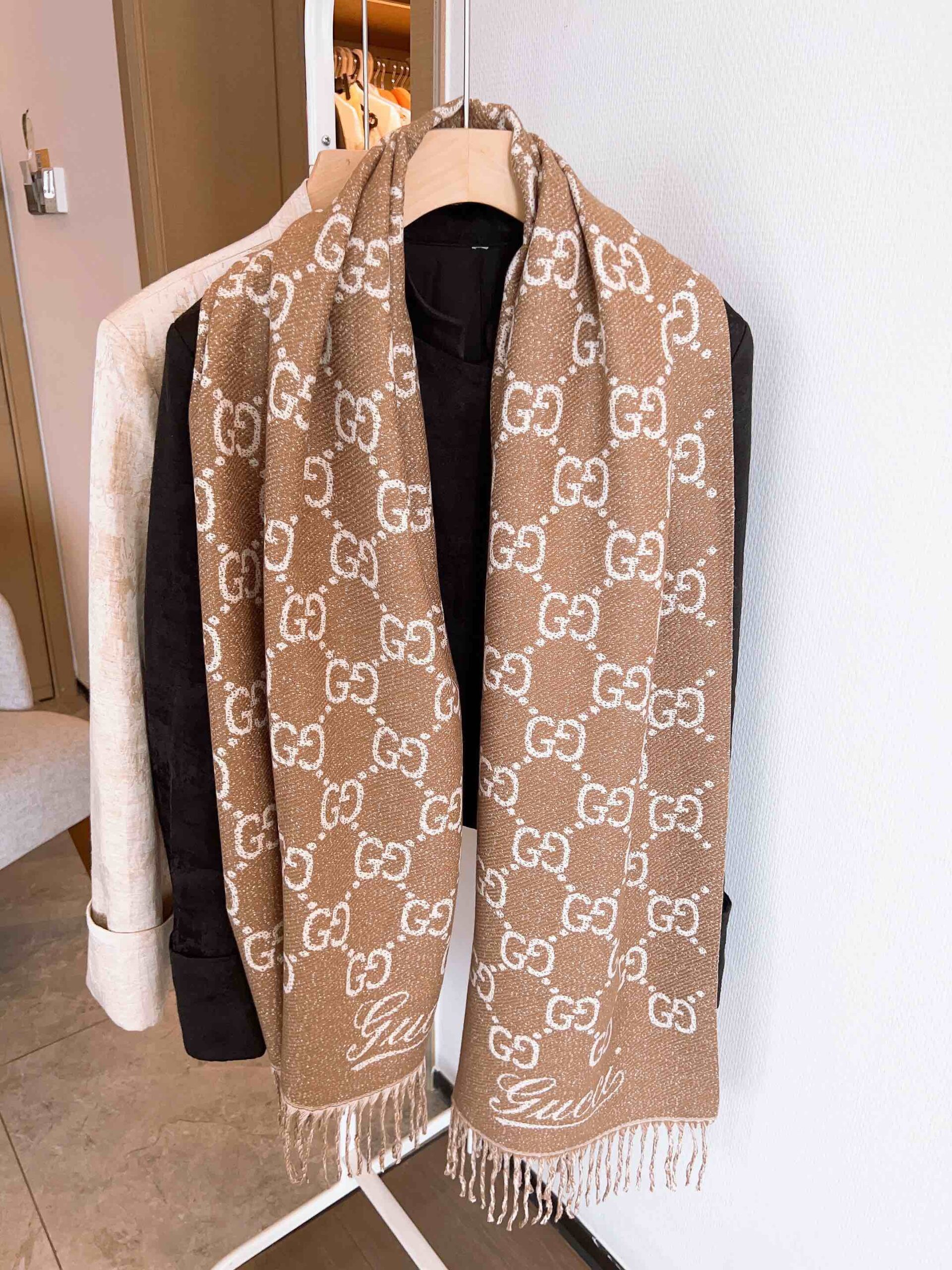 GG GG JACQUARD WOOL SCARF BEIGE