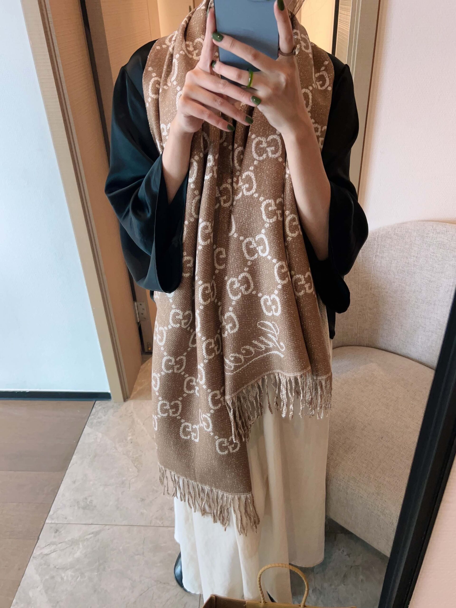 GG GG JACQUARD WOOL SCARF BEIGE