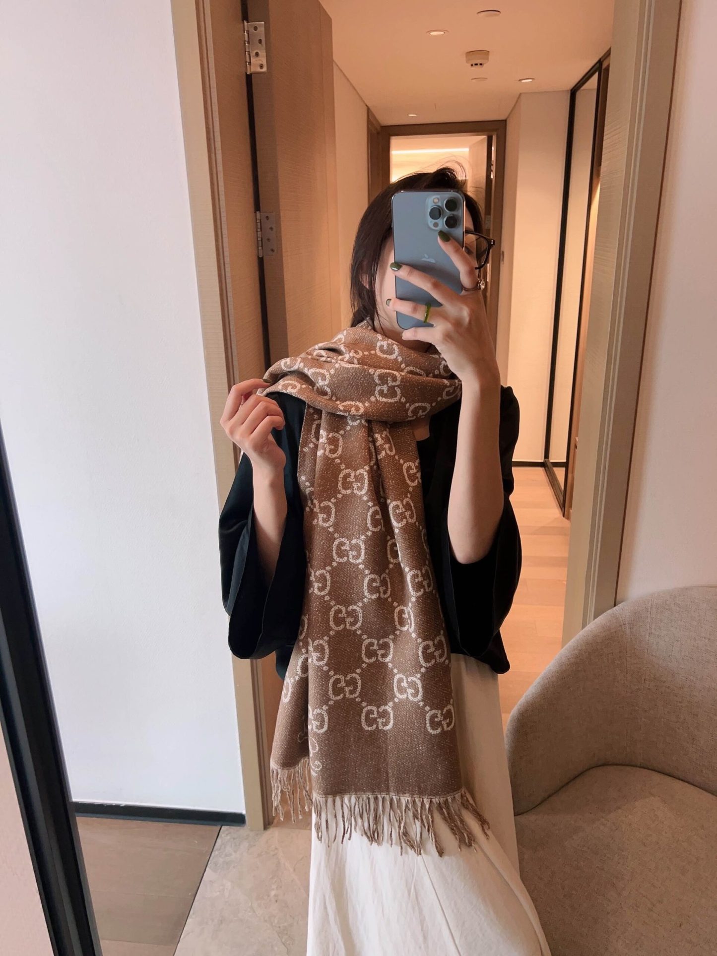 GG GG JACQUARD WOOL SCARF BEIGE