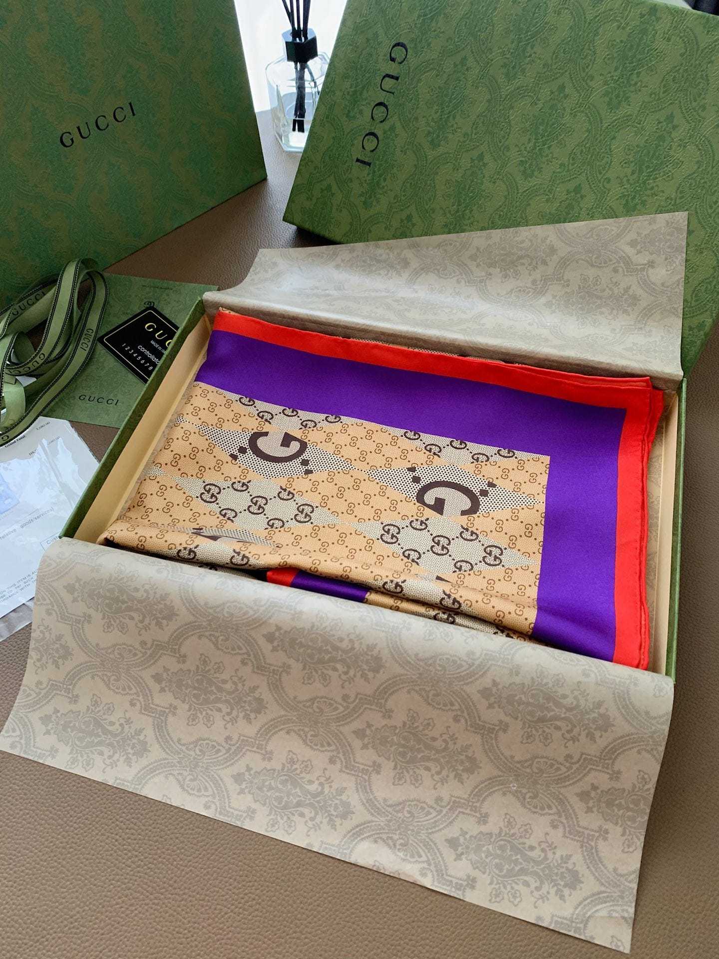 GG GG PATCHWORK BACKGAMMON PRINT SCARF ‎721265 3G001 9870