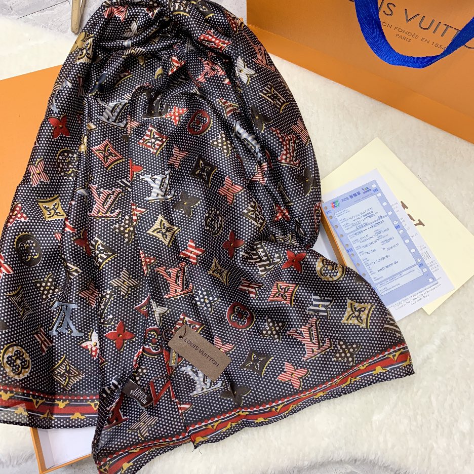 LV MONOGRAM DOTS AND STRIPES SCARF BLACK 180CM