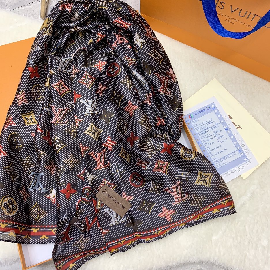 LV MONOGRAM DOTS AND STRIPES SCARF BLACK 180CM
