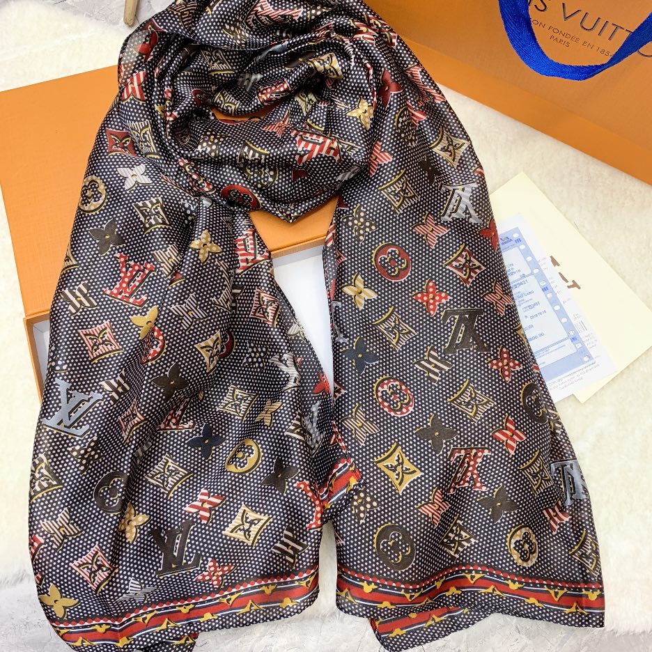 LV MONOGRAM DOTS AND STRIPES SCARF BLACK 180CM