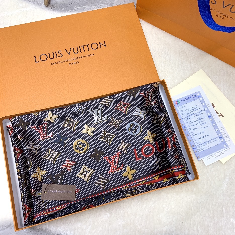 LV MONOGRAM DOTS AND STRIPES SCARF BLACK 180CM