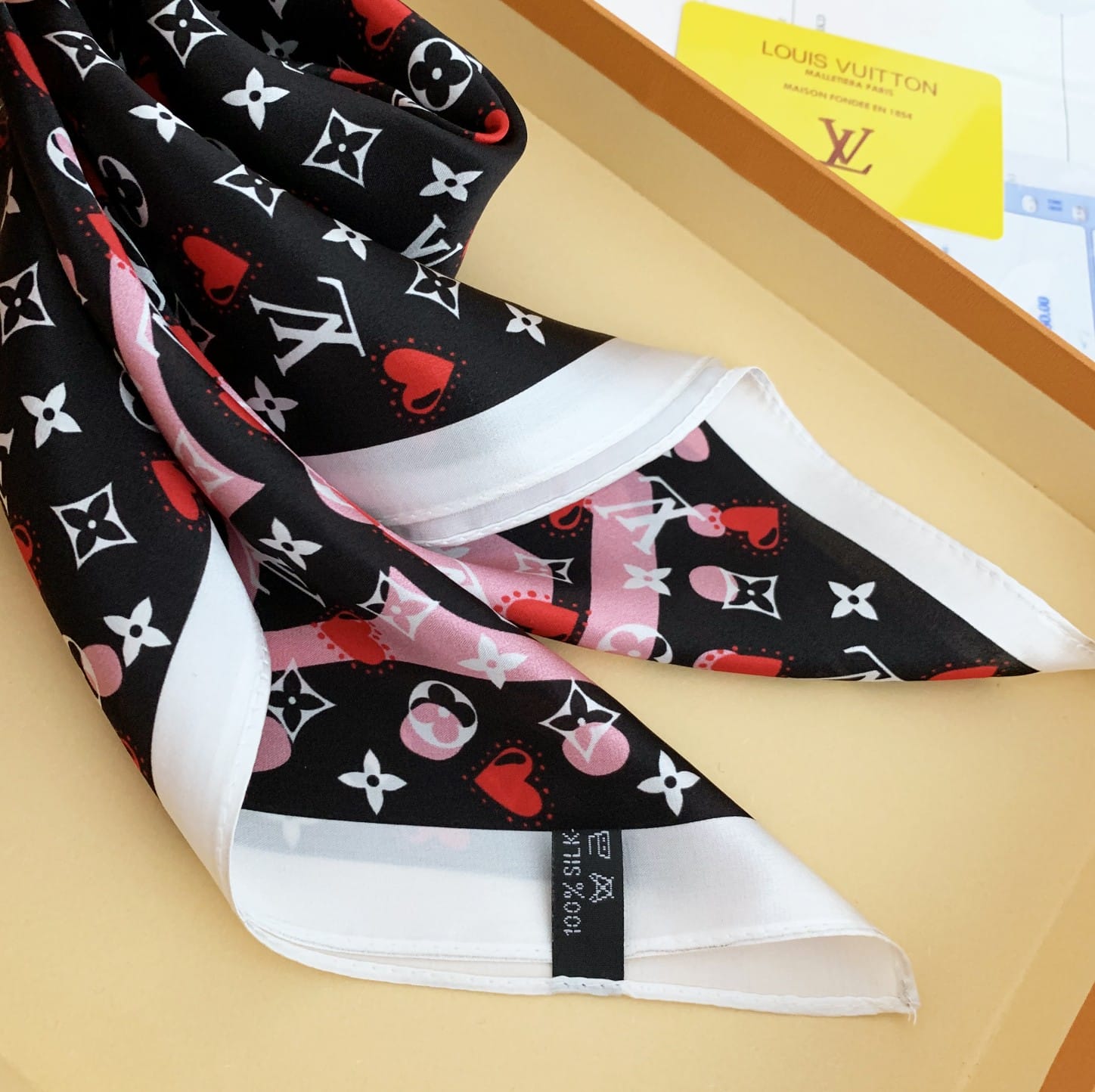LV HEART MONOGRAM SILK SCARF BLACK