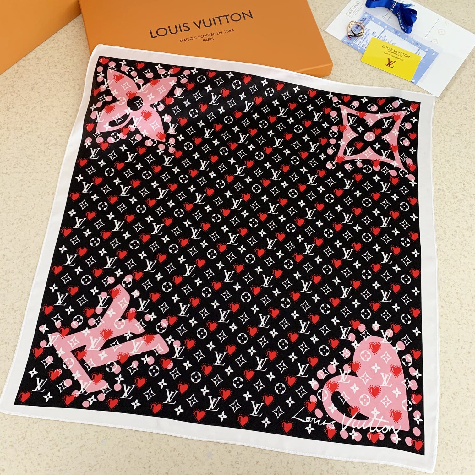 LV HEART MONOGRAM SILK SCARF BLACK