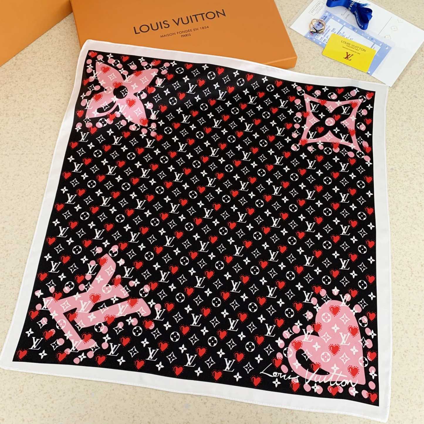 LV HEART MONOGRAM SILK SCARF BLACK