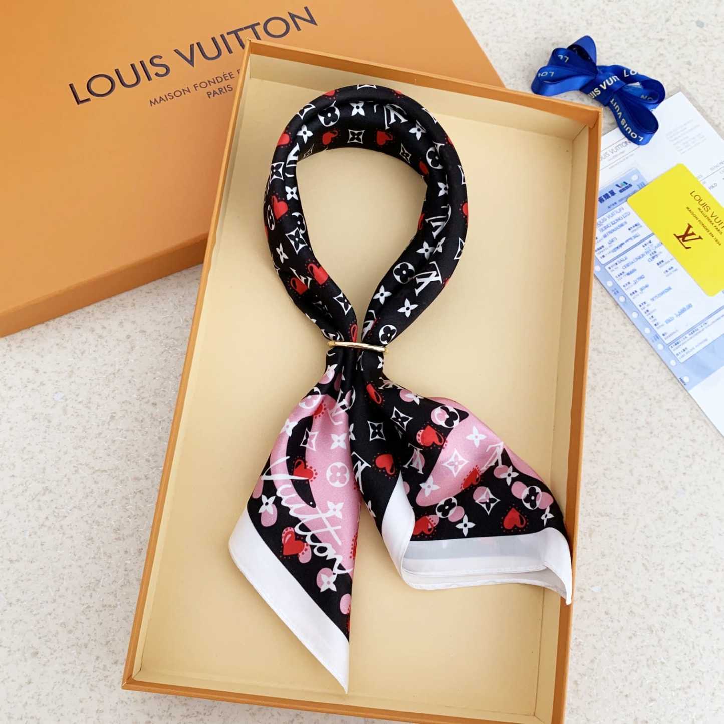 LV HEART MONOGRAM SILK SCARF BLACK
