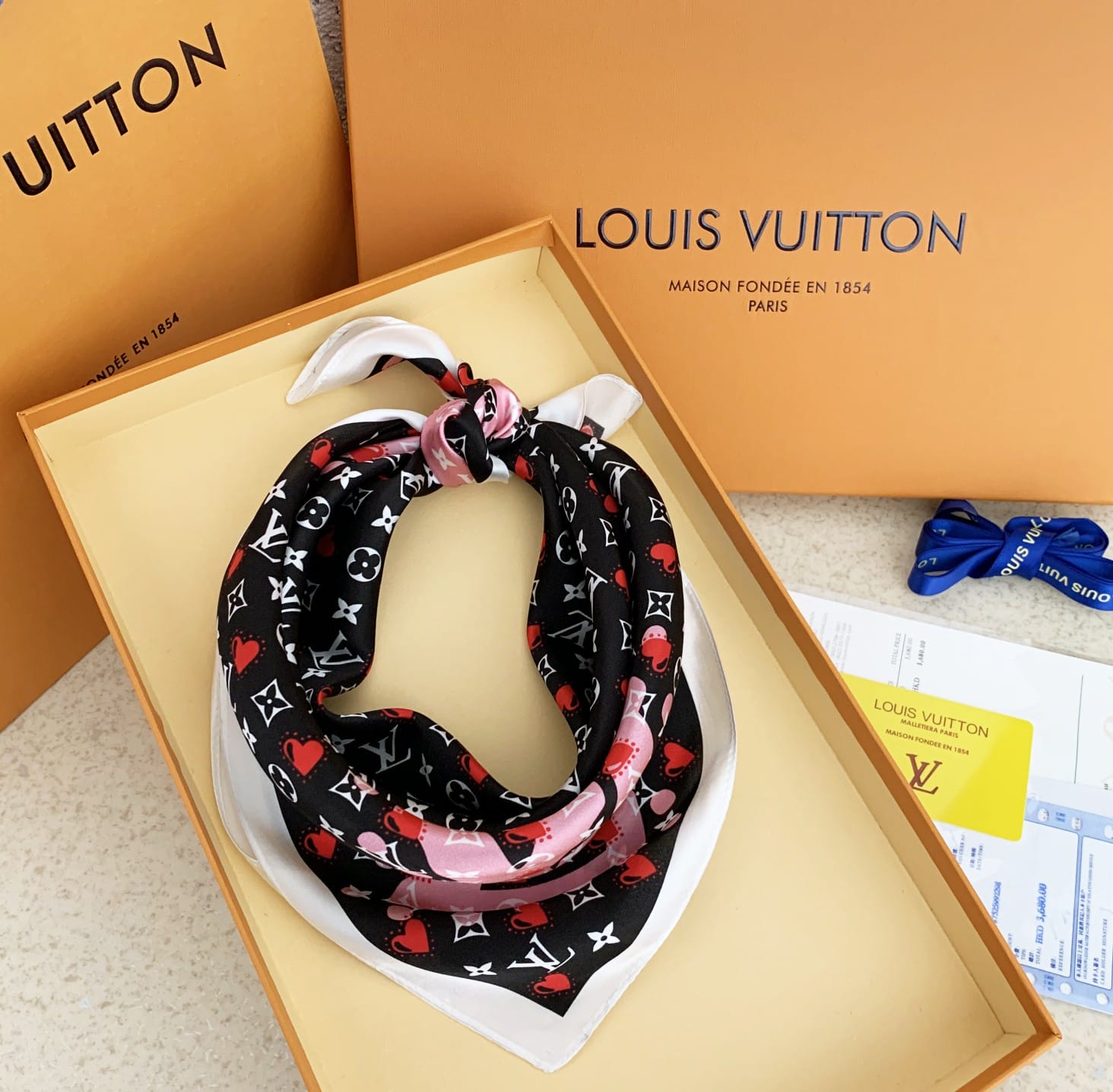 LV HEART MONOGRAM SILK SCARF BLACK