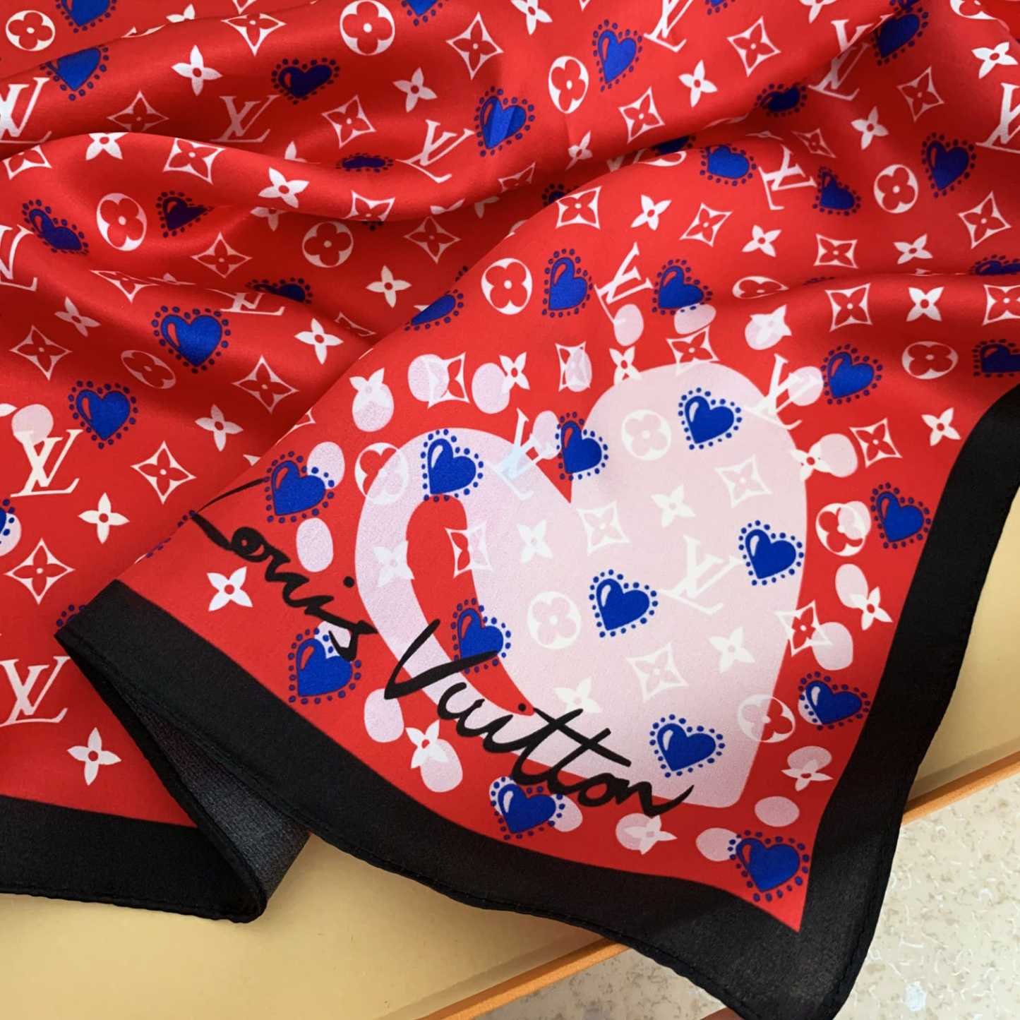 LV HEART MONOGRAM SILK SCARF RED