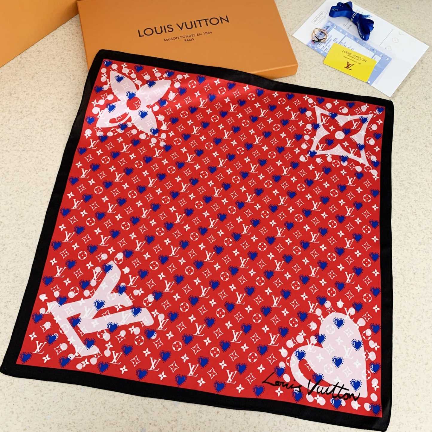 LV HEART MONOGRAM SILK SCARF RED