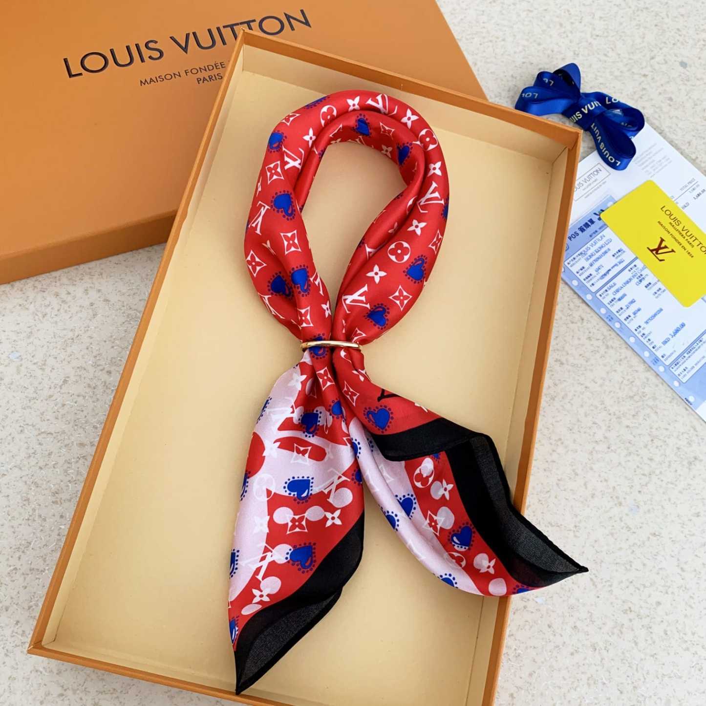 LV HEART MONOGRAM SILK SCARF RED