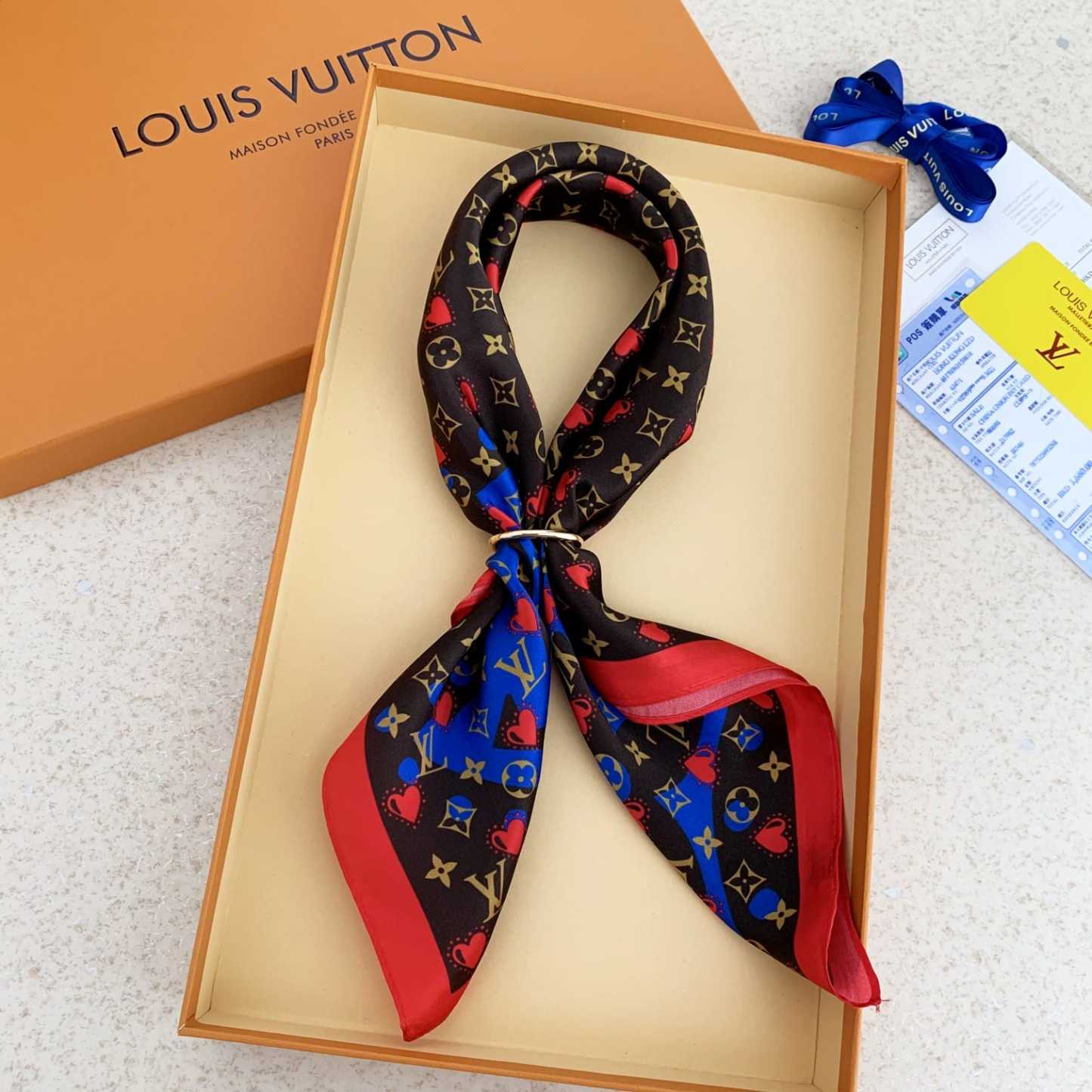 LV HEART MONOGRAM SILK SCARF BLACK RED