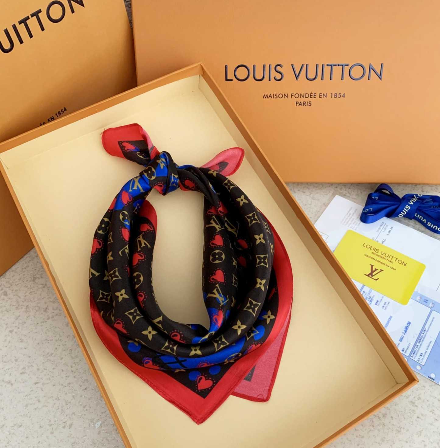 LV HEART MONOGRAM SILK SCARF BLACK RED