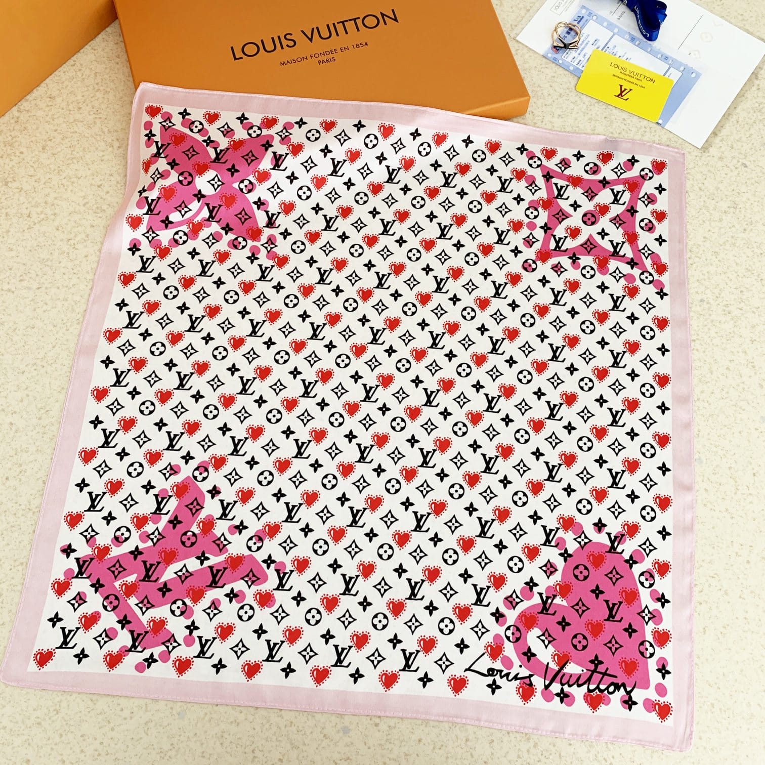 LV HEART MONOGRAM SILK SCARF WHITE PINK