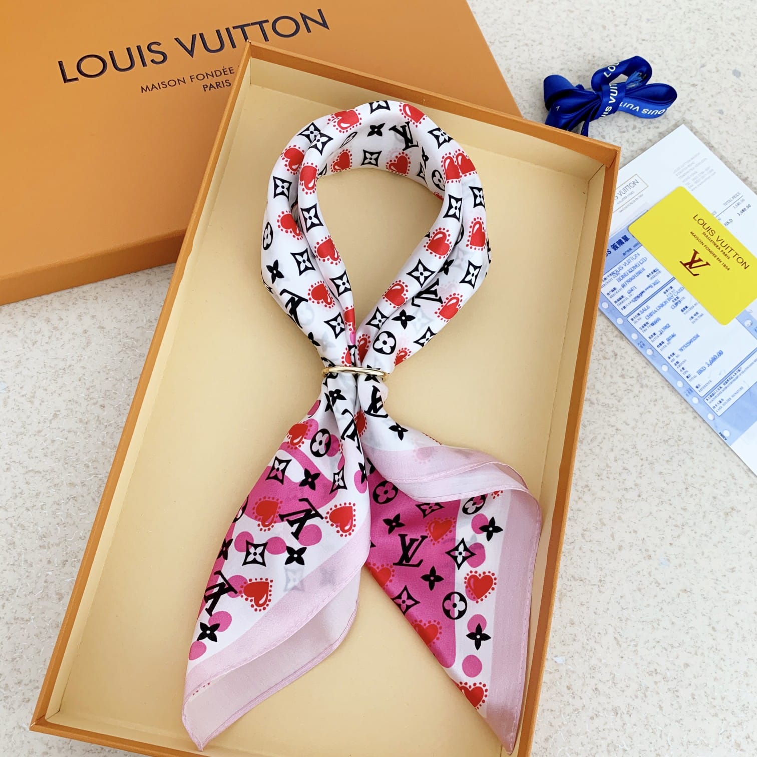 LV HEART MONOGRAM SILK SCARF WHITE PINK