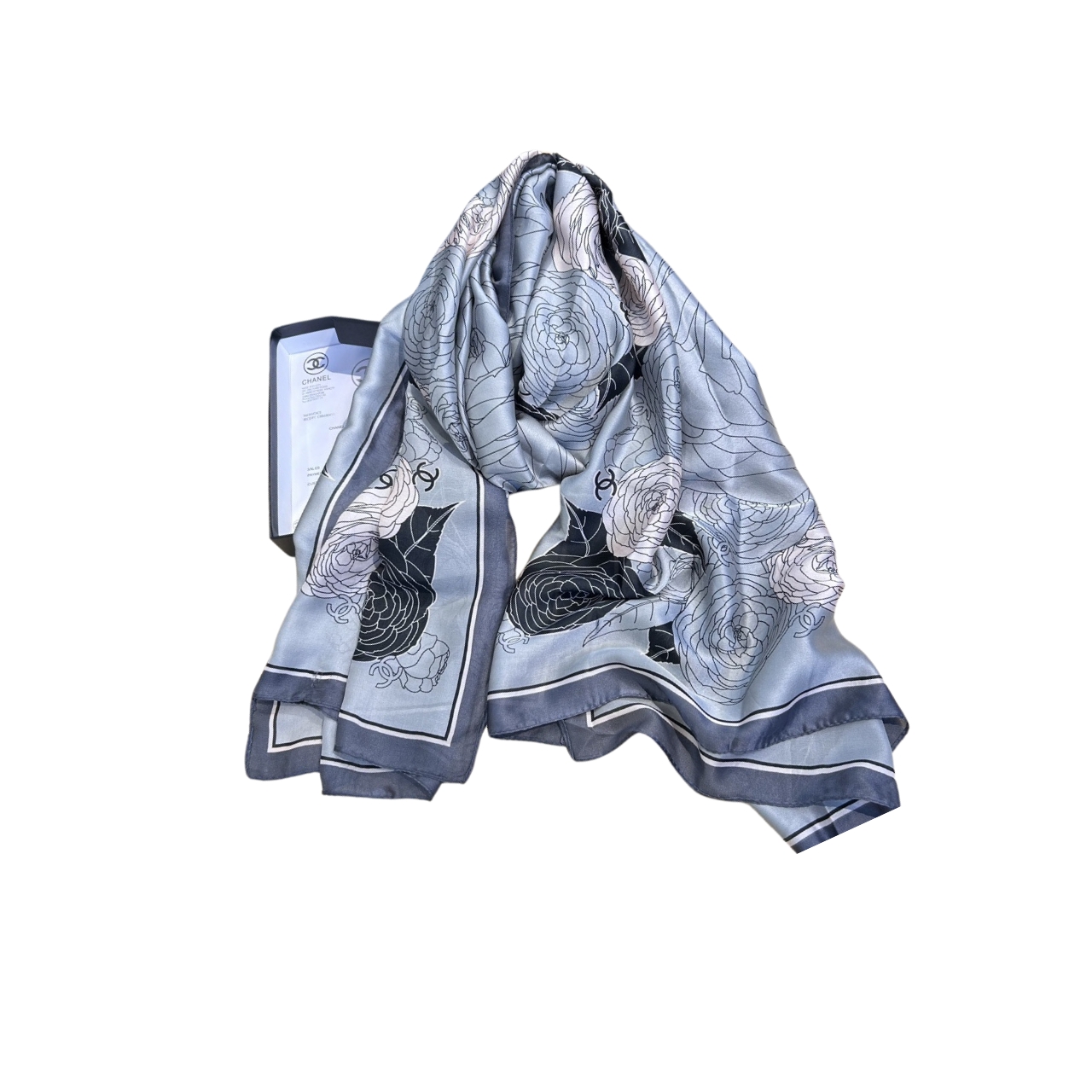 CC CC SQUARE SILK SCARF WITH FLOWER LIGHT BLUE 90CM