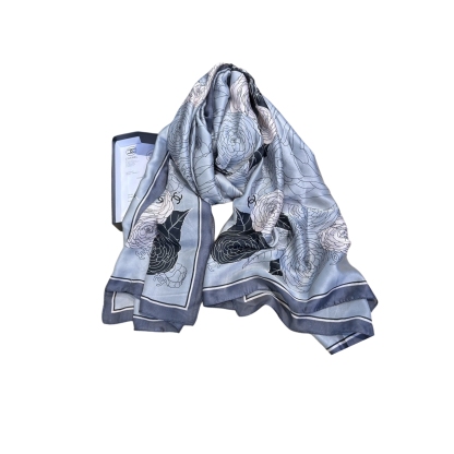 CC CC SQUARE SILK SCARF WITH FLOWER LIGHT BLUE 90CM