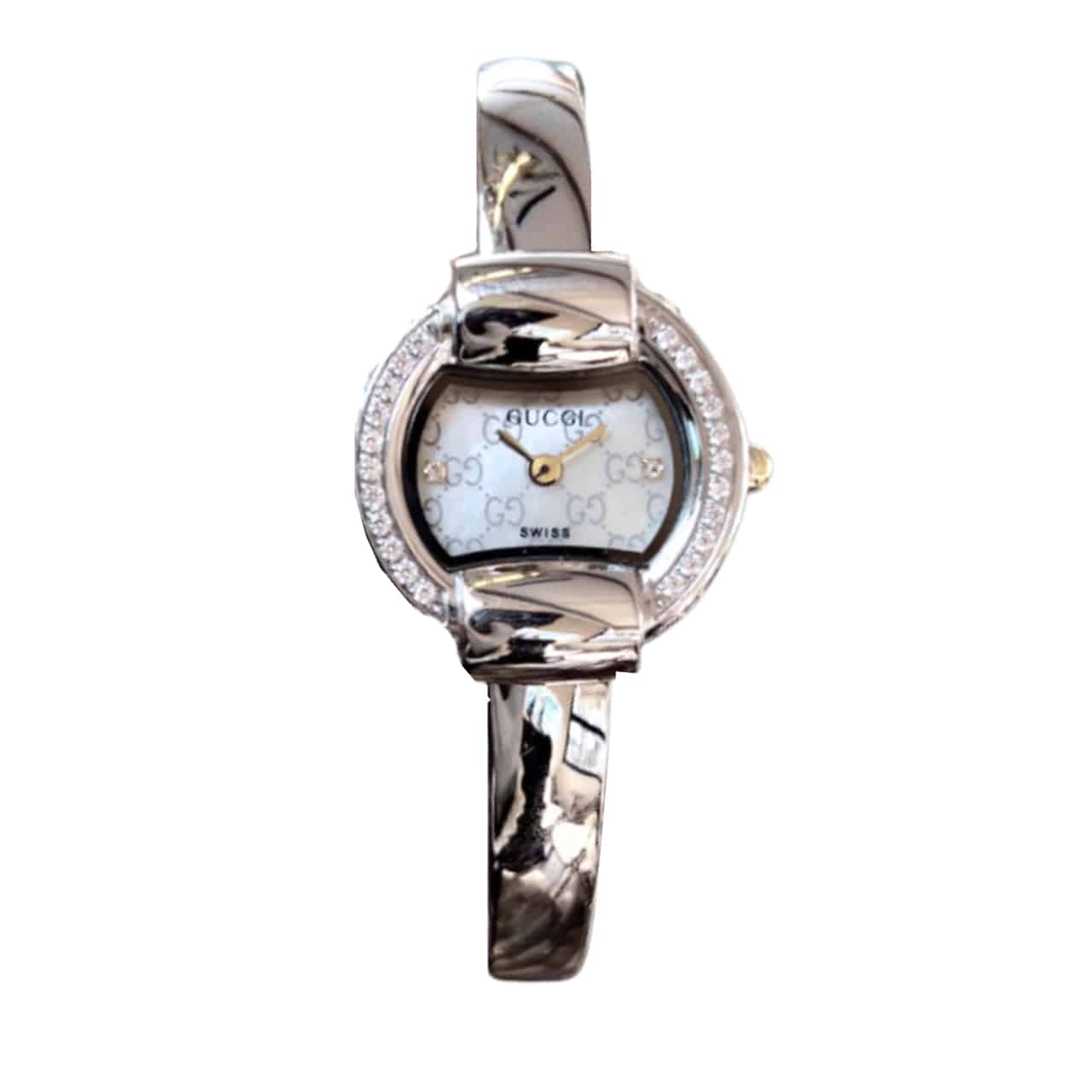 GUCCI GG BANGLE BRACELET WATCH ALLOY WITH DIAMOND WHITE 25MM