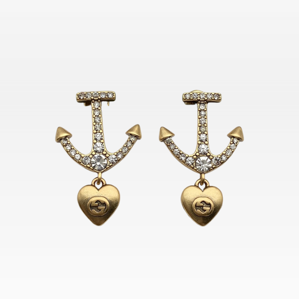 GG GG ANCHOR HEART CRYSTAL GOLD EARRINGS