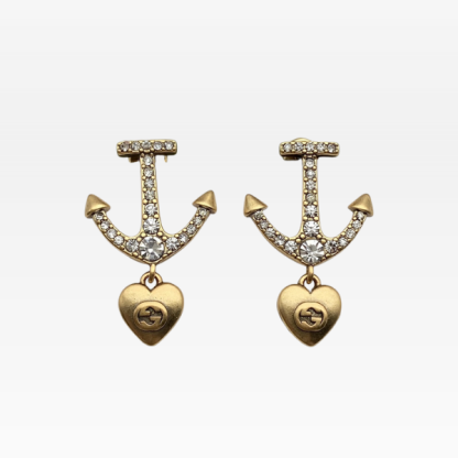 GG GG ANCHOR HEART CRYSTAL GOLD EARRINGS