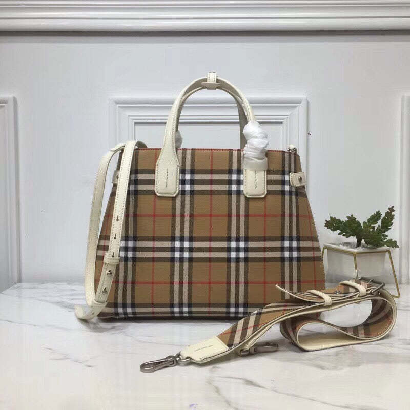 BB House Check Derby Medium Banner Purse Tote White For Women, Women’s Bags 14in/35cm