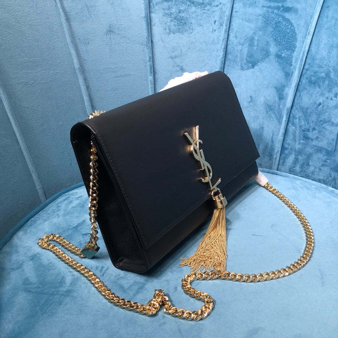 YSSL Kate Medium Chain Bag With Tassel In Grain De Poudre Black For Women 9.4in/24cm YSL 354119BOW0J1000