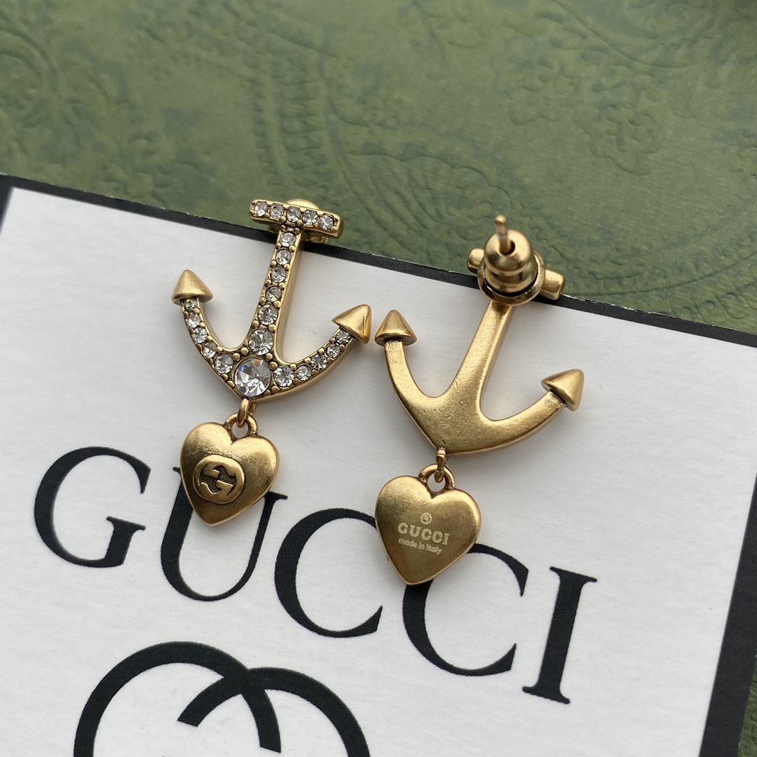 GG GG ANCHOR HEART CRYSTAL GOLD EARRINGS