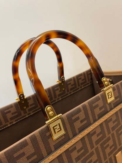 FI Sunshine Medium Brown FF jacquard fabric shopper Bag For Woman 31cm/12in