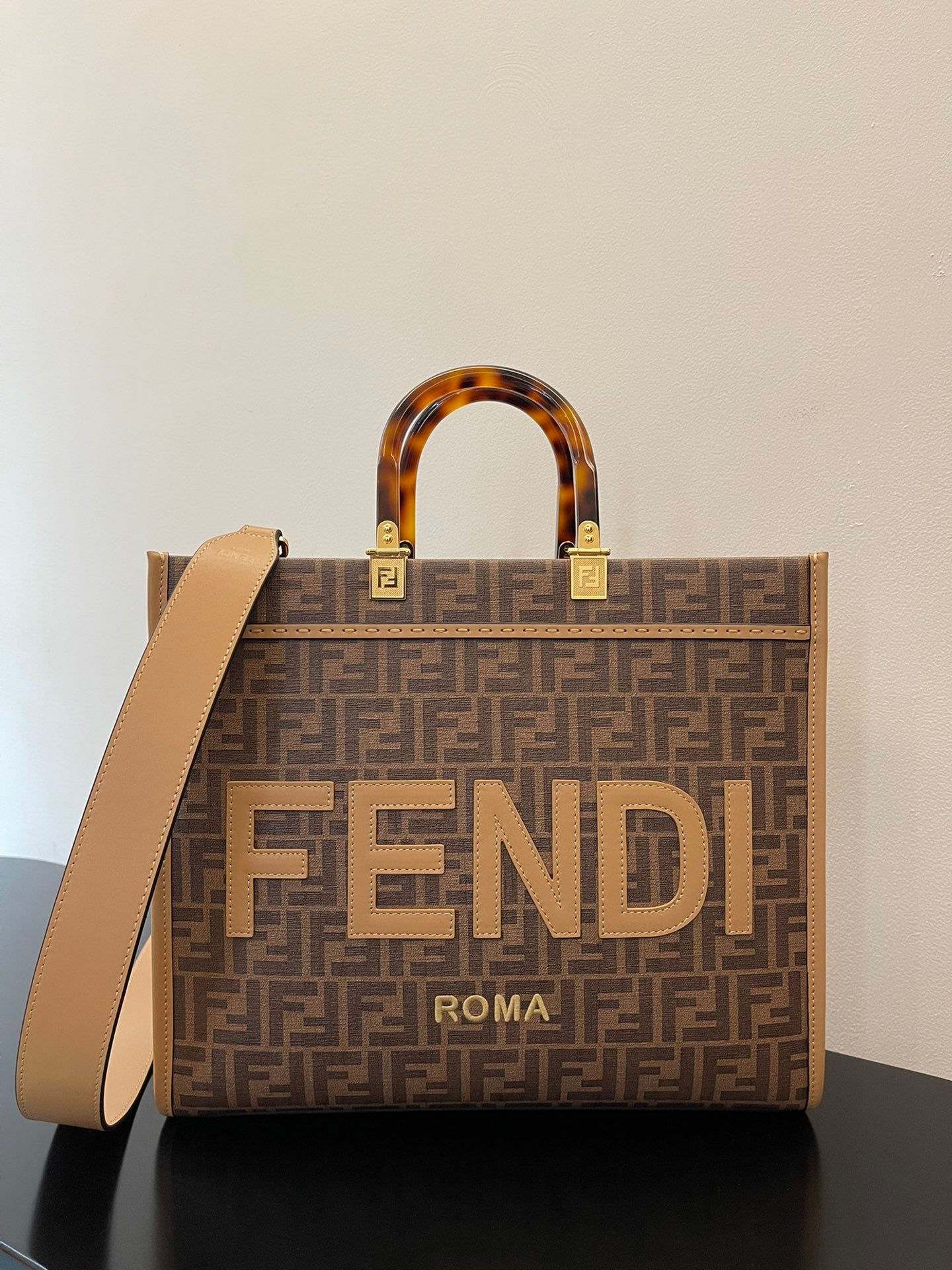 FI Sunshine Medium Brown FF jacquard fabric shopper Bag For Woman 31cm/12in
