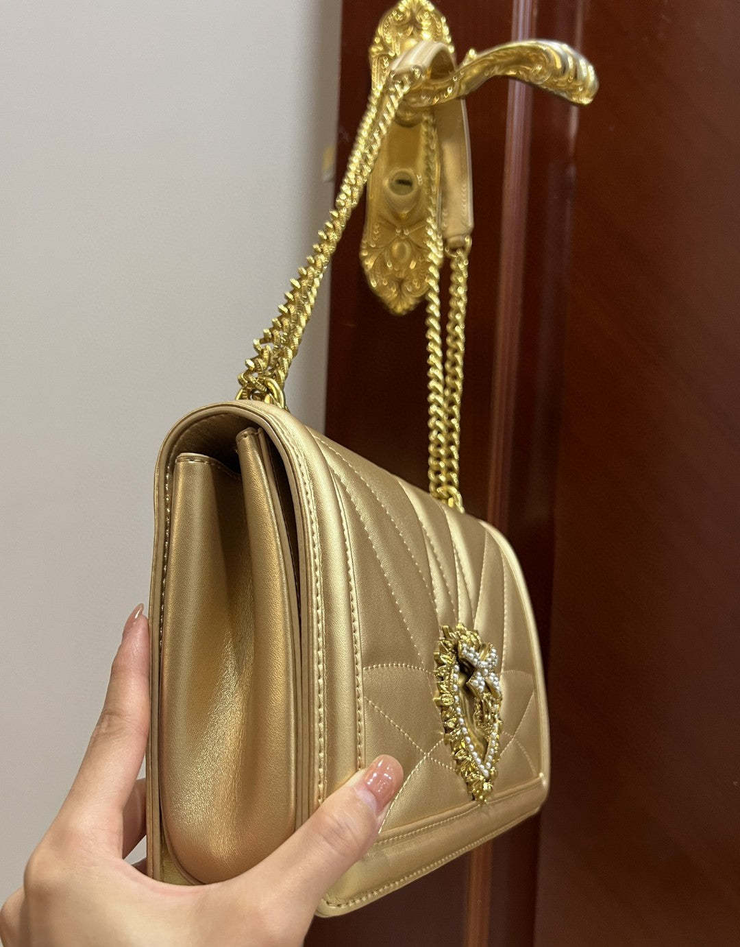 DG Large Devotion Bag In Quilted Nappa Gold For Women 10in/26cm DG