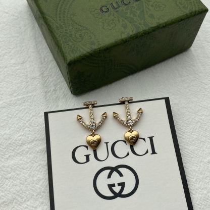GG GG ANCHOR HEART CRYSTAL GOLD EARRINGS