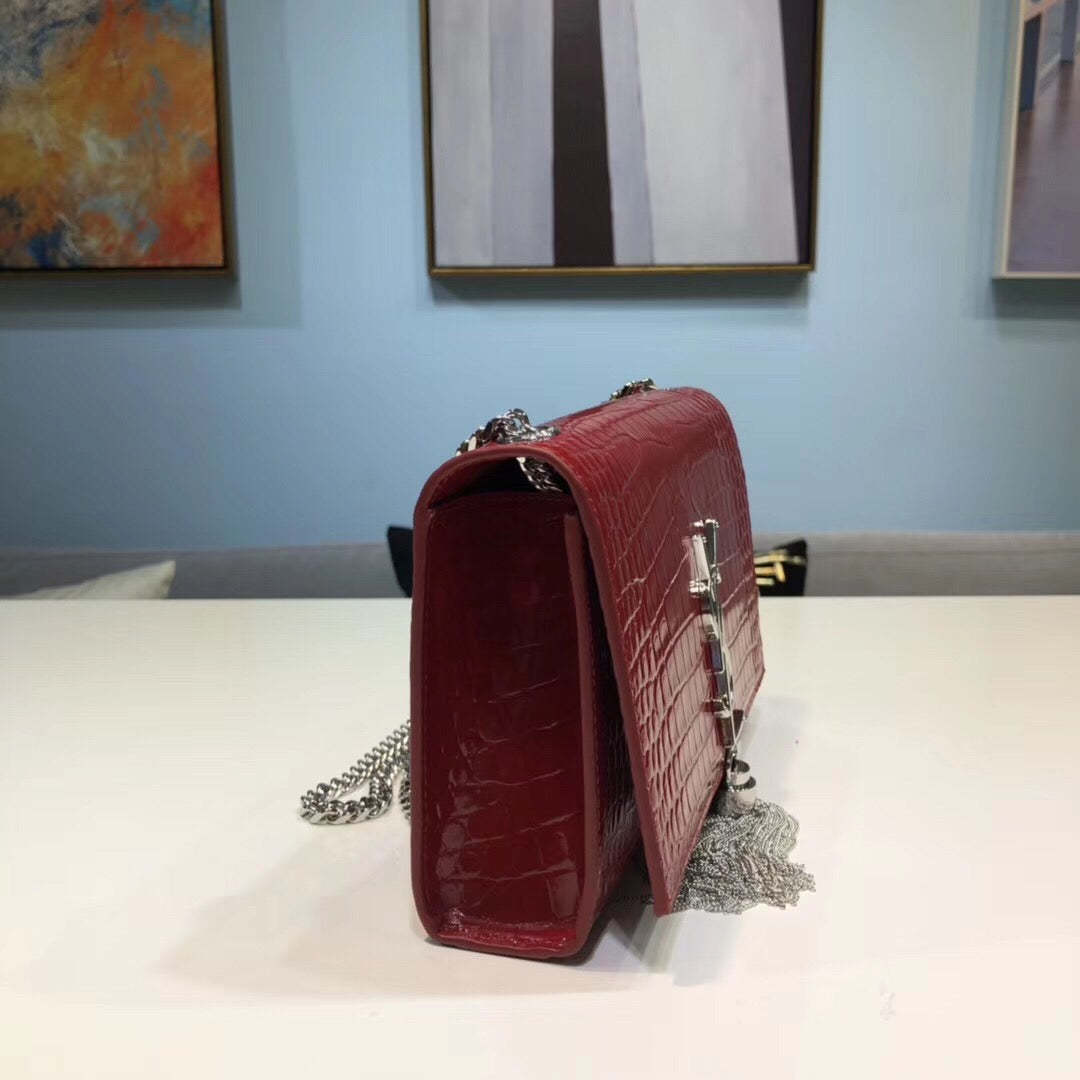 YSSL Kate Small Chain Bag With Tassel In Embossed Burgundy For Women 7.8in/20cm YSL 
