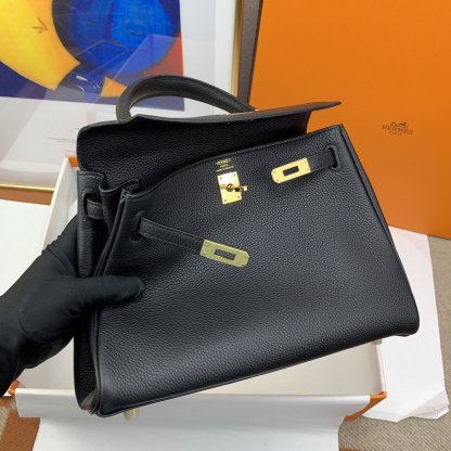 HM Kelly 25 Retourne Togo Black Bag For Women, Handbags, Shoulder Bags 10in/25cm