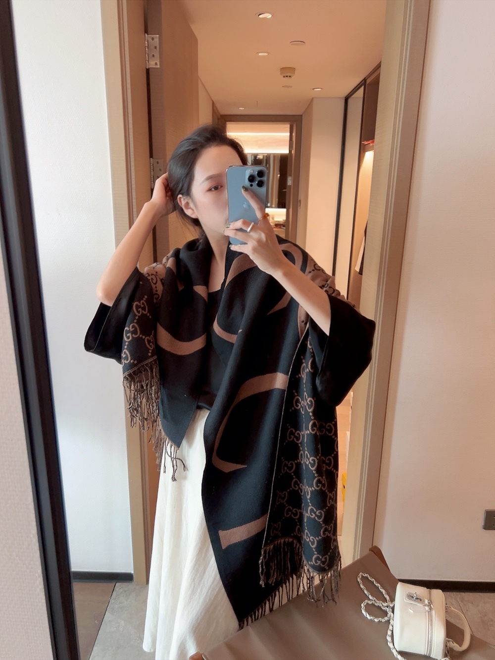 GG GG JACQUARD SCARF BROWN AND BLACK